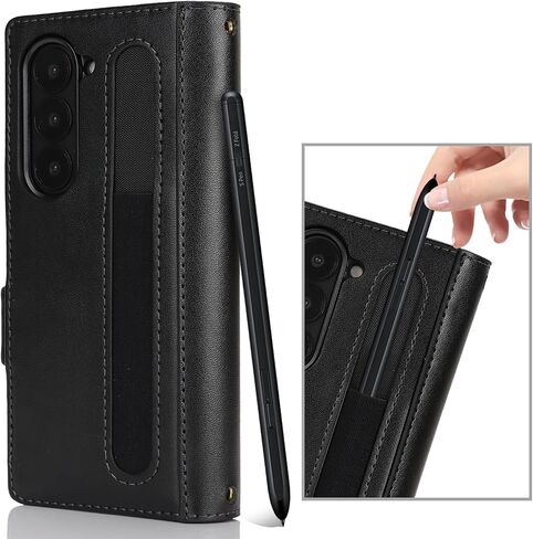 for Samsung Galaxy Z Fold 5 Case with S Pen Holder,Z Fold 5 Case Wallet with Card Holder and Strap Crossbody Lanyard,Leather Shockproof Zipper Pocket Flip Phone Case-Rose Gold in Kuwait