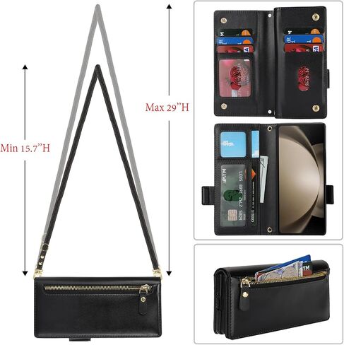 for Samsung Galaxy Z Fold 5 Case with S Pen Holder,Z Fold 5 Case Wallet with Card Holder and Strap Crossbody Lanyard,Leather Shockproof Zipper Pocket Flip Phone Case-Rose Gold in Kuwait
