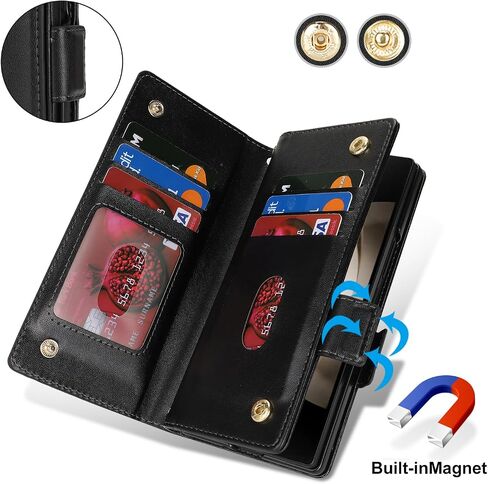 for Samsung Galaxy Z Fold 5 Case with S Pen Holder,Z Fold 5 Case Wallet with Card Holder and Strap Crossbody Lanyard,Leather Shockproof Zipper Pocket Flip Phone Case-Rose Gold in Kuwait