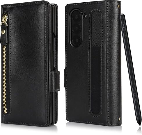 for Samsung Galaxy Z Fold 5 Case with S Pen Holder,Z Fold 5 Case Wallet with Card Holder and Strap Crossbody Lanyard,Leather Shockproof Zipper Pocket Flip Phone Case-Rose Gold in Kuwait
