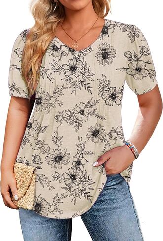 IN'VOLAND Plus Size Tops for Women Summer Puff Short Sleeve Tunic Pleated V Neck Shirts Casual Floral Solid Blouse in Kuwait