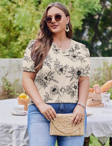 IN'VOLAND Plus Size Tops for Women Summer Puff Short Sleeve Tunic Pleated V Neck Shirts Casual Floral Solid Blouse in Kuwait