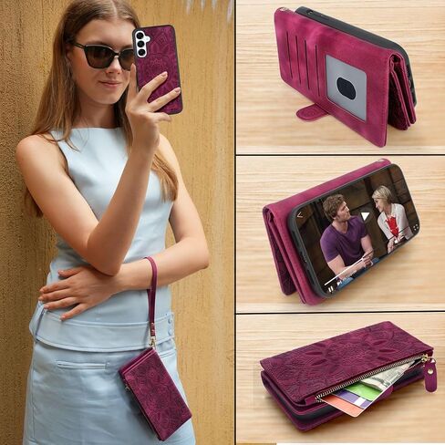 Harryshell Detachable Wallet Case Compatible with Samsung Galaxy A16 Phone Case with Cash Coin Zipper Pocket Multi Card Slots Holder Wrist Strap Lanyard (Flower Blue Green) in Kuwait