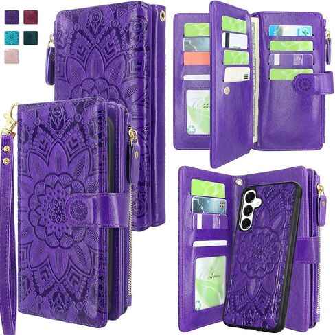 Harryshell Detachable Wallet Case Compatible with Samsung Galaxy A16 Phone Case with Cash Coin Zipper Pocket Multi Card Slots Holder Wrist Strap Lanyard (Flower Blue Green) in Kuwait