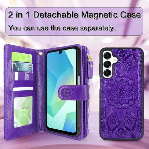 Harryshell Detachable Wallet Case Compatible with Samsung Galaxy A16 Phone Case with Cash Coin Zipper Pocket Multi Card Slots Holder Wrist Strap Lanyard (Flower Blue Green) in Kuwait