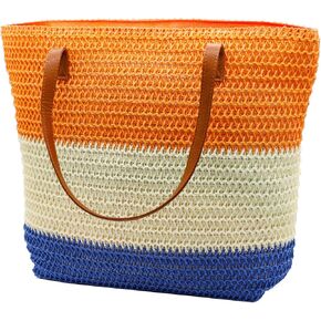 حقيبة كبيرة من القش للنساء حقيبة شاطئ منسوجة من الروطان حقائب كتف مخططة صيفية ملونة in Kuwait