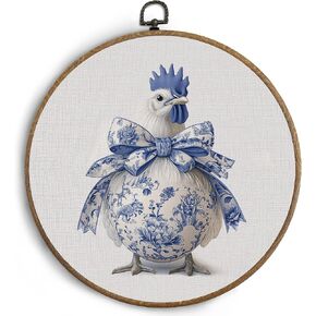 KTYHD Chinoiserie الدجاج القوس جولة جدار الفن، هدايا الدجاج لمحبي الدجاج، Grandmillennial ديكور المنزل قماش جدار الفن، مزرعة الأزرق والأبيض الدجاج جدار الفن ديكور للمنزل Graden