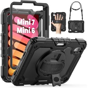 SEYMAC Case for iPad Mini 7 (A17 Pro) 2024/ Mini 6 8.3″, Full-Body Shockproof Protective Case with Screen Protector, 360° Rotating Stand, Hand/Shoulder Strap for iPad Mini 7th/ 6th Generation, Black