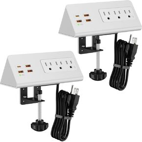 Desk Clamp Mount Power Strips, 4 USB Ports& 3 AC Outlets Charging Station, PD 20W Fast Charging USB C, 6Ft Extension Cord Desktop Power Hub, Home Office Desk Accessories, 2-Pack (White)