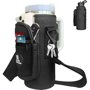 Sports Rabbit Universal Water Bottle Holder – Compatible with Stanley 40/30oz Handle & Straight Bottles – Large Phone Pocket, Adjustable Strap for Work, Office, Gym, Outdoor, Camping (Black)