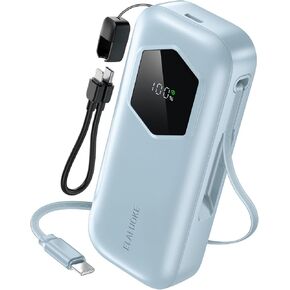 Portable Charger Power Bank with Built-in Retractable PD Cable, 10000mAh 35W USB-C Super Fast Charging, 2 Input/Output External Battery Pack for iPhone, Samsung, Android, iPad and MacBook (White)