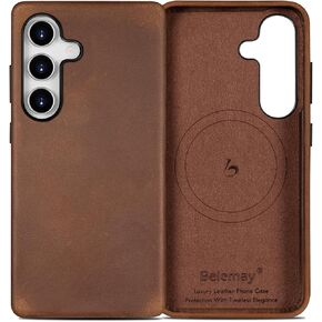 Belemay Leather Case for Samsung Galaxy S25 Ultra Compatible with Magsafe, Premium Crazy Horse Leather [Vintage Aesthetic] Unique Patina, Comfort & Soft Grip, Metal Buttons, Classic Brown