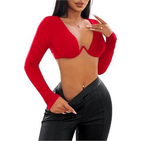 SweatyRocks Women's Deep V Neck Long Sleeve Underwire Crop Tops Super Crop Tee Shirt in Saudi Arabia