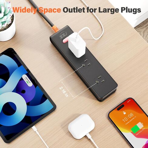 قطاع الطاقة المقاوم للعوامل الجوية ، واقي ارتفاع 7-in-1 مع 3 منافذ واسعة 2usb A و 2USB C ، 1875W/15A ، سلك امتداد في الهواء الطلق مسطح 10 قدم المسطح لصالح UL FCC في الهواء الطلق ، UL FCC مدرجة in Saudi Arabia