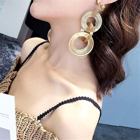 Women Gold Plated Long 70s Disco Clip on Earrings Hoop Round 3 Circles Multi-layer Tassel Drop Dangle in Saudi Arabia