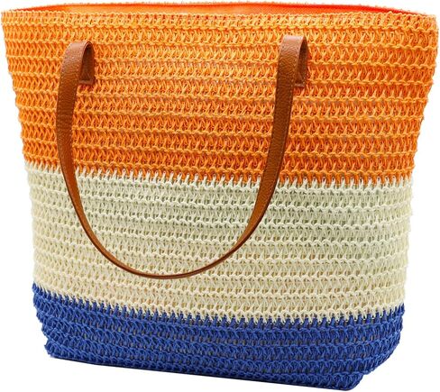 حقيبة كبيرة من القش للنساء حقيبة شاطئ منسوجة من الروطان حقائب كتف مخططة صيفية ملونة in Kuwait