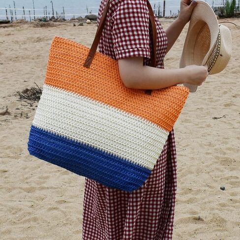 حقيبة كبيرة من القش للنساء حقيبة شاطئ منسوجة من الروطان حقائب كتف مخططة صيفية ملونة in Kuwait