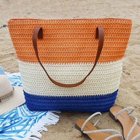 حقيبة كبيرة من القش للنساء حقيبة شاطئ منسوجة من الروطان حقائب كتف مخططة صيفية ملونة in Kuwait