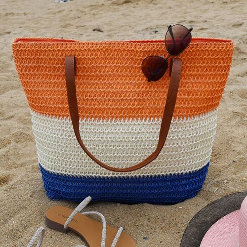 حقيبة كبيرة من القش للنساء حقيبة شاطئ منسوجة من الروطان حقائب كتف مخططة صيفية ملونة in Kuwait