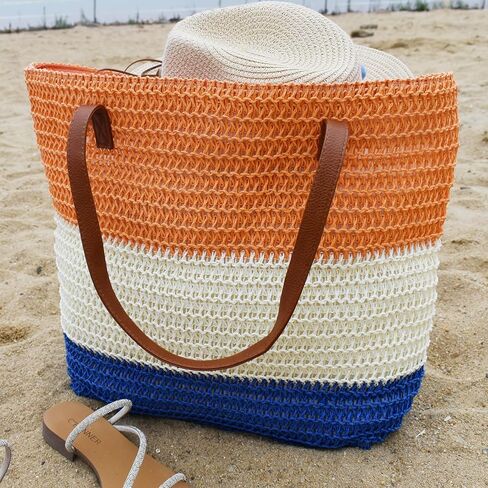 حقيبة كبيرة من القش للنساء حقيبة شاطئ منسوجة من الروطان حقائب كتف مخططة صيفية ملونة in Kuwait