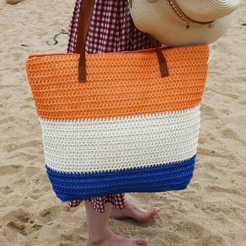 حقيبة كبيرة من القش للنساء حقيبة شاطئ منسوجة من الروطان حقائب كتف مخططة صيفية ملونة in Kuwait