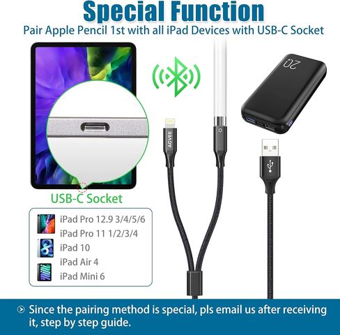 AGVEE 5ft USB-C Male to Lightning Female Charging Adapter Cable for Apple Pencil 1st Generation, 2 in 1 Charger Cord Enables Apple Pencil Pen 1st Gen Match iPad 10, Dark Gray in Kuwait