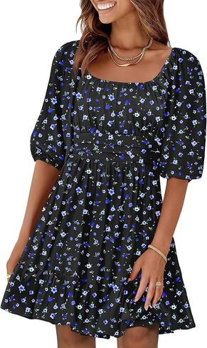 ANRABESS Women Summer Casual Short Lantern Square Neck A-Line Flowy Boho Mini Dress 2025 Trendy in Kuwait