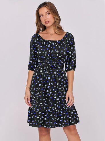 ANRABESS Women Summer Casual Short Lantern Square Neck A-Line Flowy Boho Mini Dress 2025 Trendy in Kuwait