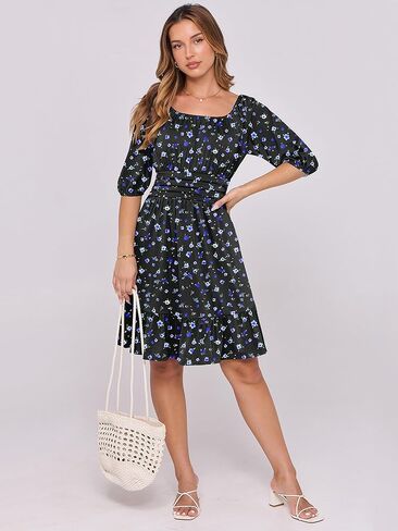 ANRABESS Women Summer Casual Short Lantern Square Neck A-Line Flowy Boho Mini Dress 2025 Trendy in Kuwait