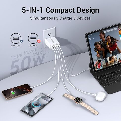 40W USB Wall Charger Block ، 2 part 4-port USB A Fast Charging Brick Dual QC Wall Plud Adapter متوافق مع iPhone 16/15/14/13/12/11 Pro Max Plus ، iPad ، Galaxy in Kuwait