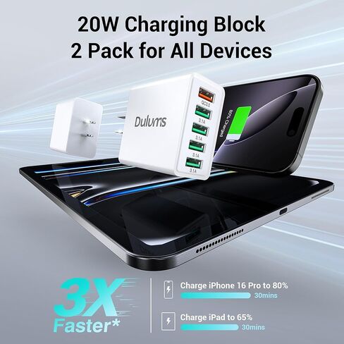 40W USB Wall Charger Block ، 2 part 4-port USB A Fast Charging Brick Dual QC Wall Plud Adapter متوافق مع iPhone 16/15/14/13/12/11 Pro Max Plus ، iPad ، Galaxy in Kuwait