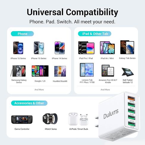 40W USB Wall Charger Block ، 2 part 4-port USB A Fast Charging Brick Dual QC Wall Plud Adapter متوافق مع iPhone 16/15/14/13/12/11 Pro Max Plus ، iPad ، Galaxy in Kuwait