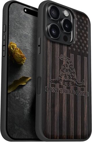 Carveit Magnetic Wood Case for iPhone 16 Pro Case [Solid Wood & Black Soft TPU] Shockproof Protective Cover Unique Wooden Case Compatible with magsafe (Gadsden and American Flag -Walnut) in Kuwait