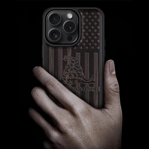 Carveit Magnetic Wood Case for iPhone 16 Pro Case [Solid Wood & Black Soft TPU] Shockproof Protective Cover Unique Wooden Case Compatible with magsafe (Gadsden and American Flag -Walnut) in Kuwait