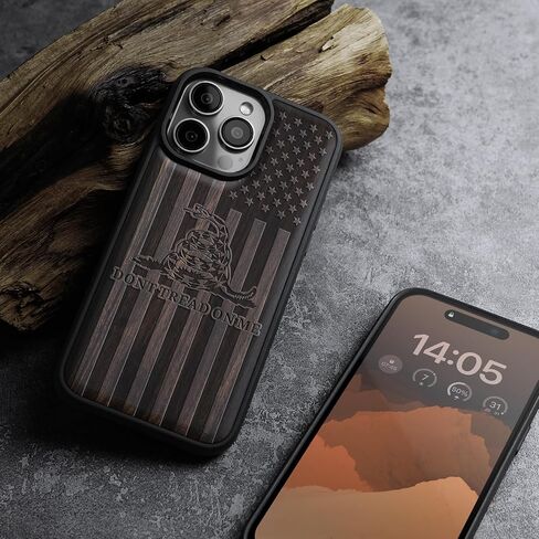 Carveit Magnetic Wood Case for iPhone 16 Pro Case [Solid Wood & Black Soft TPU] Shockproof Protective Cover Unique Wooden Case Compatible with magsafe (Gadsden and American Flag -Walnut) in Kuwait