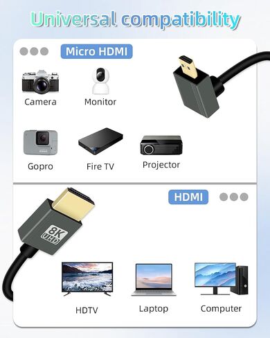 8K الزاوية اليسرى micro hdmi إلى HDMI ملفوف كابل 3 قدم ، 90 درجة قصيرة HDMI إلى Mini HDMI كابل ، Spring spiral HDMI 2.1 كابل 8K@60Hz 48GBPS للكاميرا/كاميرا الفيديو/hdtv/tablet in Kuwait