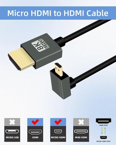 8K الزاوية اليسرى micro hdmi إلى HDMI ملفوف كابل 3 قدم ، 90 درجة قصيرة HDMI إلى Mini HDMI كابل ، Spring spiral HDMI 2.1 كابل 8K@60Hz 48GBPS للكاميرا/كاميرا الفيديو/hdtv/tablet in Kuwait