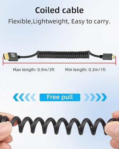 8K الزاوية اليسرى micro hdmi إلى HDMI ملفوف كابل 3 قدم ، 90 درجة قصيرة HDMI إلى Mini HDMI كابل ، Spring spiral HDMI 2.1 كابل 8K@60Hz 48GBPS للكاميرا/كاميرا الفيديو/hdtv/tablet in Kuwait