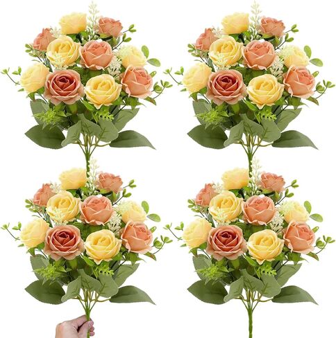 TURNMEON 40 Heads Roses Artificial Flowers for Decoration, 4 Bundles Mixed Pink Fake Flowers Bouquet Fake Silk Roses Faux Flower Wedding Bouquet Cemetery Flowers Table Party Home Valentines Day Decor in Saudi Arabia