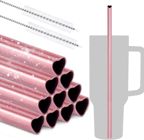 NiHome 12-Inch Heart-Shaped Stainless Steel Drinking Straws for Stanley Tumbler 40oz 10-Pack with 2 Cleaning Brushes, Reusable for Hot & Cold Drinks, Dishwasher Safe, Safe Edges for Kids (Pearl Pink) in Kuwait