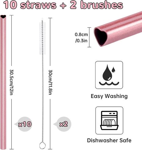 NiHome 12-Inch Heart-Shaped Stainless Steel Drinking Straws for Stanley Tumbler 40oz 10-Pack with 2 Cleaning Brushes, Reusable for Hot & Cold Drinks, Dishwasher Safe, Safe Edges for Kids (Pearl Pink) in Kuwait