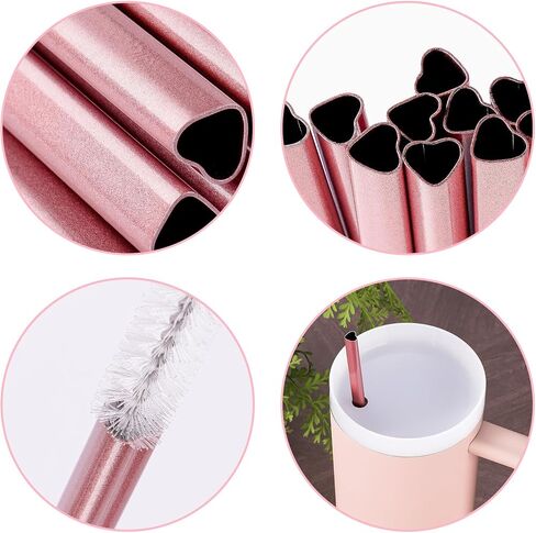 NiHome 12-Inch Heart-Shaped Stainless Steel Drinking Straws for Stanley Tumbler 40oz 10-Pack with 2 Cleaning Brushes, Reusable for Hot & Cold Drinks, Dishwasher Safe, Safe Edges for Kids (Pearl Pink) in Kuwait