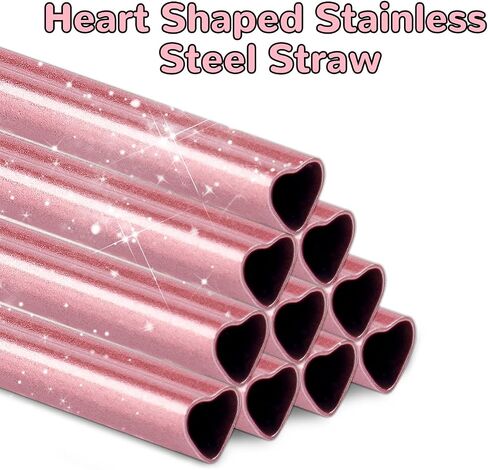 NiHome 12-Inch Heart-Shaped Stainless Steel Drinking Straws for Stanley Tumbler 40oz 10-Pack with 2 Cleaning Brushes, Reusable for Hot & Cold Drinks, Dishwasher Safe, Safe Edges for Kids (Pearl Pink) in Kuwait