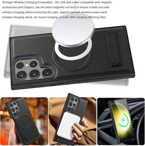 بالنسبة إلى Samsung Galaxy S24 Leather Ultra Case [متوافق مع شحن Magsafe اللاسلكي] Stand Magnetic Cover Stand Funda S 24 Ultra 6.8 '5G 2024 Bursged Best Phone Cases Brown in Kuwait