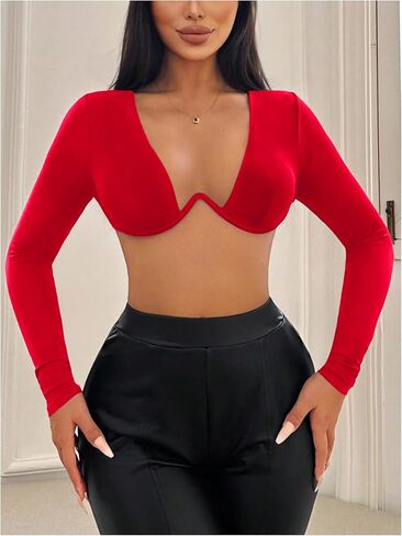 تي شيرت نسائي SweatyRocks برقبة على شكل حرف V وأكمام طويلة من Underwire قصير للغاية in Kuwait