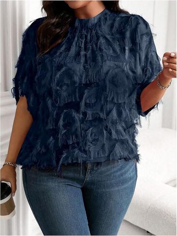 Floerns Women's Plus Size Frayed Blouse Top Crew Neck Short Sleeve Fuzzy Shirts in Saudi Arabia