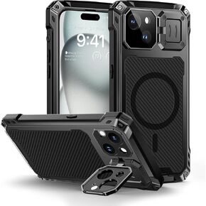 Lanhiem for iPhone 15 Pro Max Metal Case, [Built-in Camera Kickstand & Glass Screen Protector] Protective Heavy Duty Full Body Military Rugged Shockproof Magnetic Cover (Black)