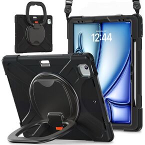 SCSVPN iPad Pro 12.9 Case 2022/2021/2020/2018: Full Drop-Proof Rugged Protection Cover for iPad Pro 12.9 Inch 6th/5th/4th/3rd Generation- Pencil Holder - Rotating Stand/Handle - Shoulder Strap, Black