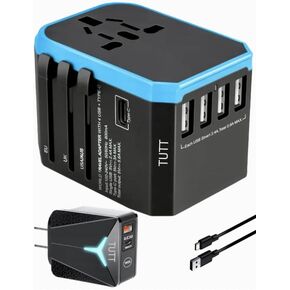 Travel Pack-3 | Universal Travel Adapter 200+ Countries Adaptateur International 4 USB+Type-C Adapter US UK EU AU Asia | 30W Type-C + USB Fast Charger | Type-C to USB-A Male Cable 3 Ft(Black-Red)