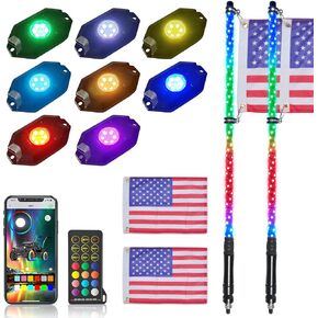 OHMU 2Pcs 4FT LED Whip Lights and 3rd-Gen Rock Lights Package with Bluetooth and Remote Control 360° Spiral RGB Chasing Neon Pods Offroad Warning Lighted Antenna Whips and Rocks Cambo